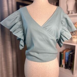Pink Lily Ruffle Sleeve Wrap Blouse - Light Blue